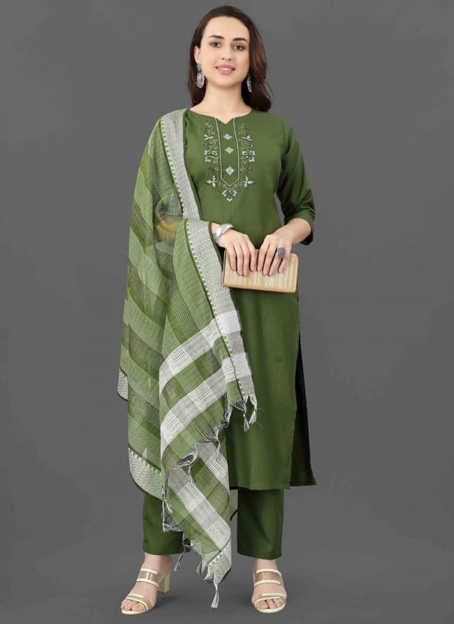 Cotton Blend Pista Green Traditional Wear Thread Work Readymade Kurti Set